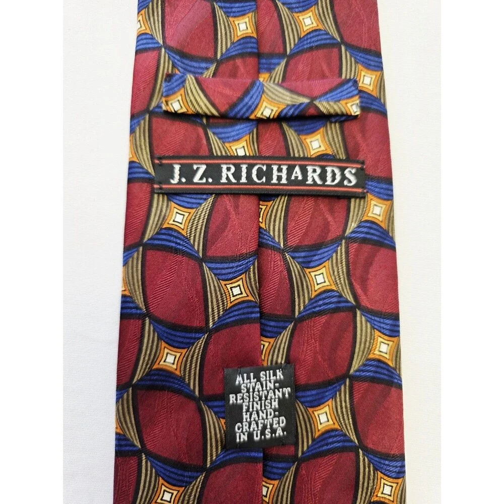 Vintage J.Z. Richards Silk Tie, 1990s Medallion Geometric, Maroon Blue Gold USA